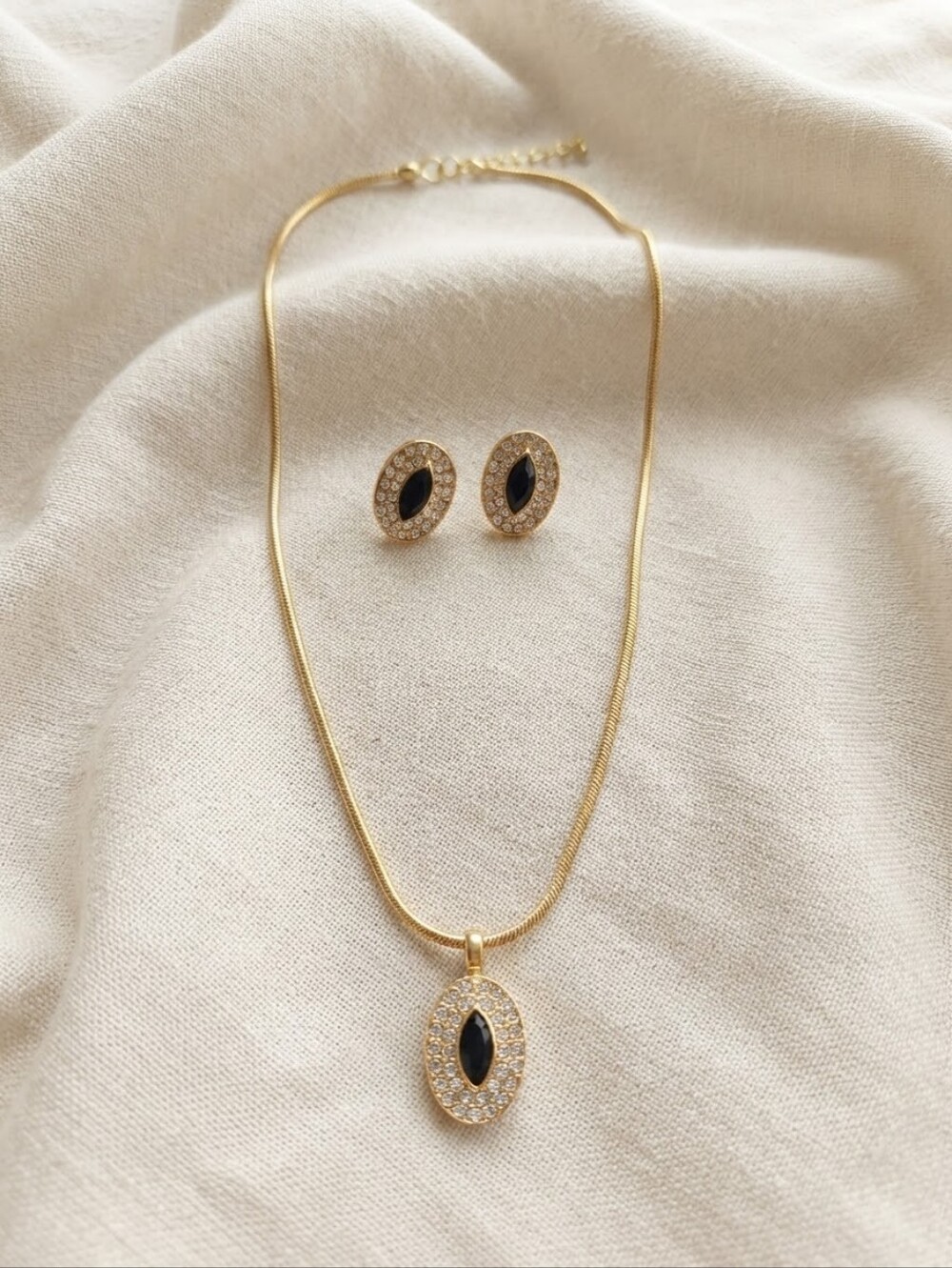 Gold & Black Crystal Pave Pendant Necklace & Stud Earrings Matching Set CC